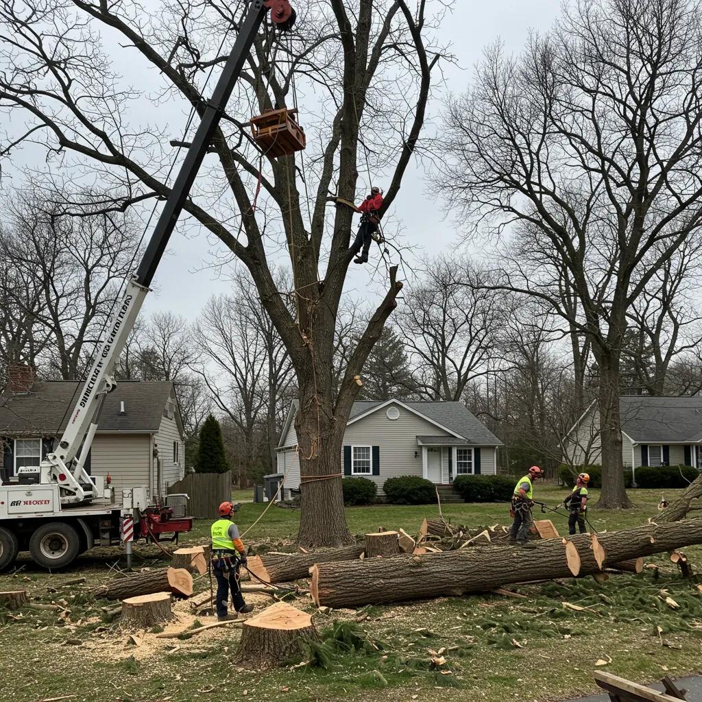 Tree removal process in a suburban area, featuring a crane lifting an arborist, workers in safety gear, and cut tree sections on the ground, illustrating professional tree care services.