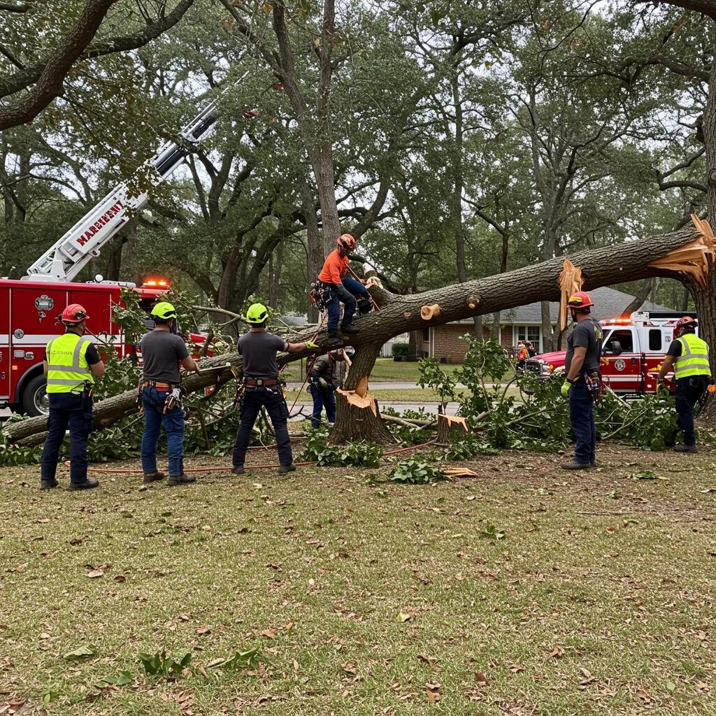 Emergency tree removal crew in Maitland responding to hazardous tree situation, ensuring safety with equipment and teamwork.