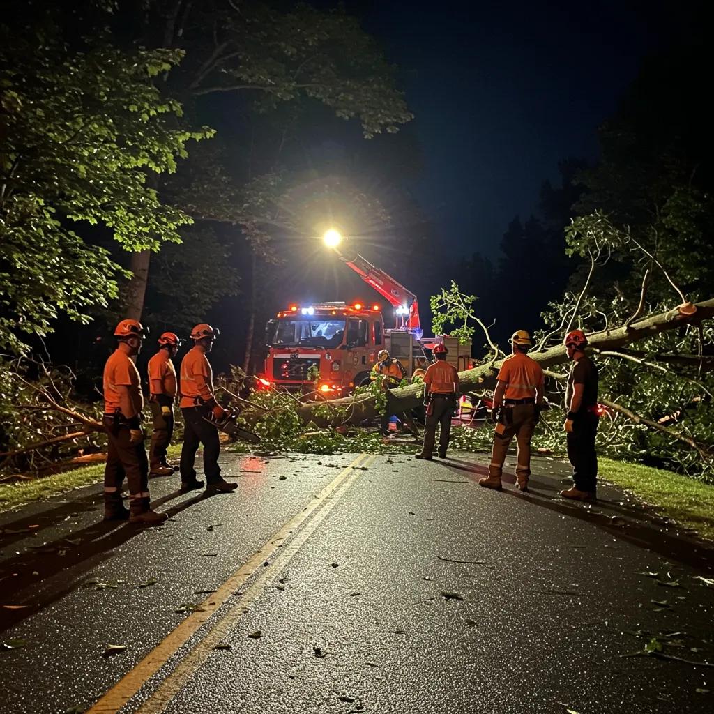 Emergency tree service team responding to a fallen tree blocking the road at night, with a fire truck and crew members assessing the situation for safe removal.