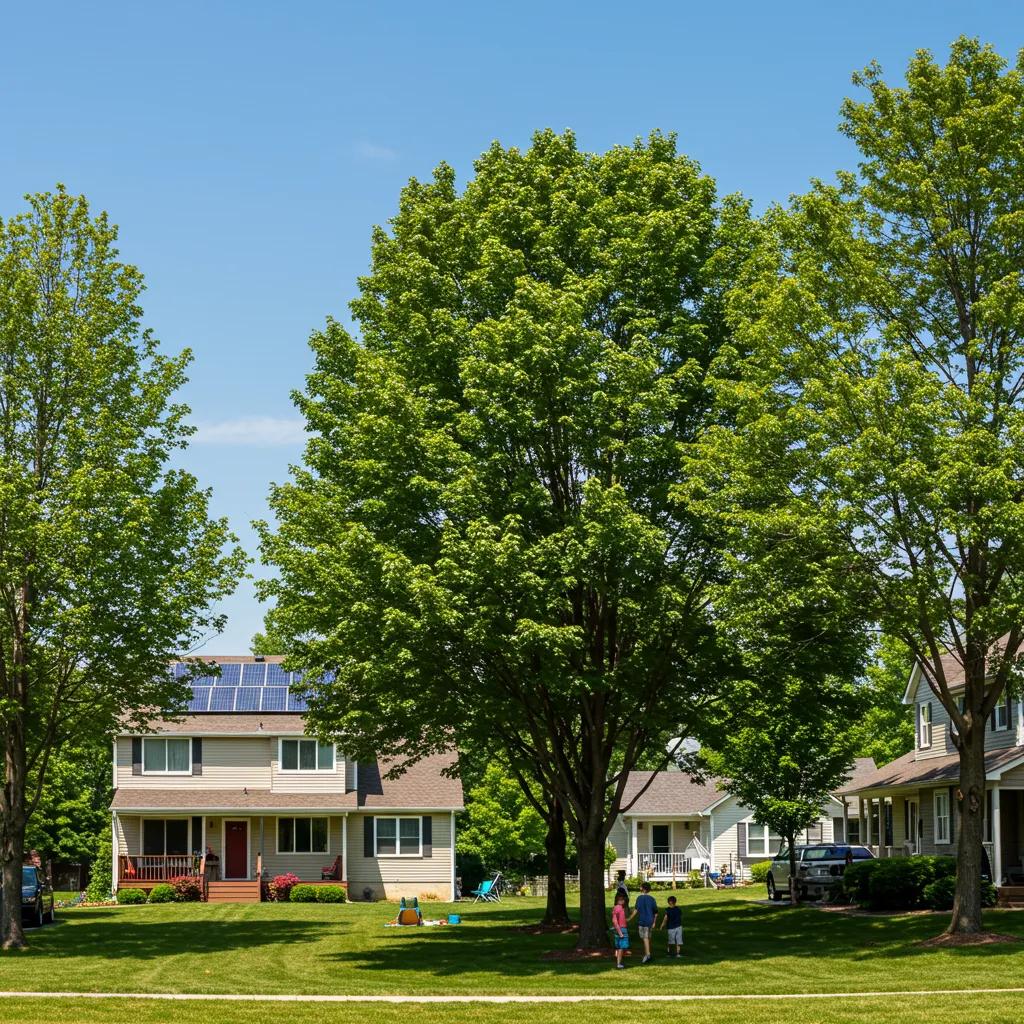 Residential area with large shade trees, solar panels on a house, and children playing on the lawn, illustrating energy savings and environmental benefits of trees.