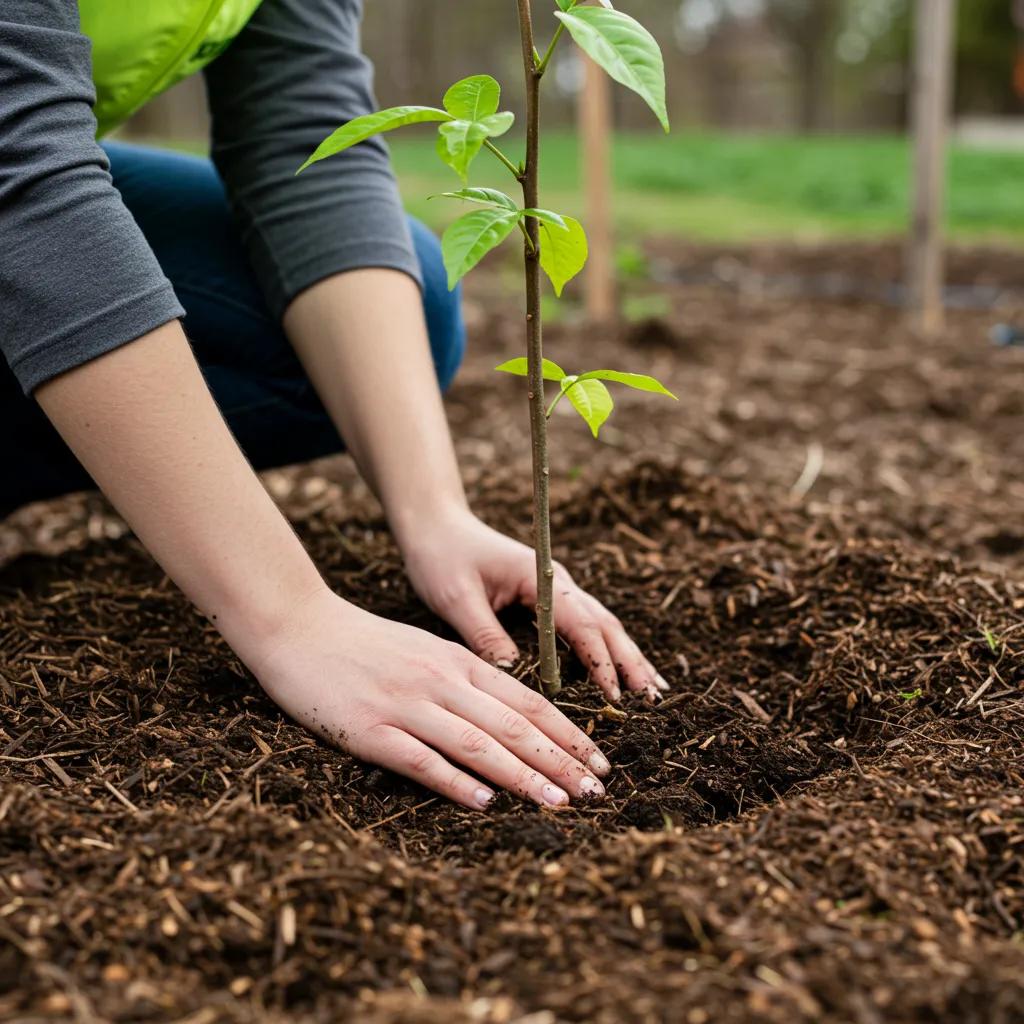 Volunteer demonstrating sustainable tree planting practices in community garden, hands preparing soil around young tree sapling, promoting urban forestry and community engagement in Orlando.