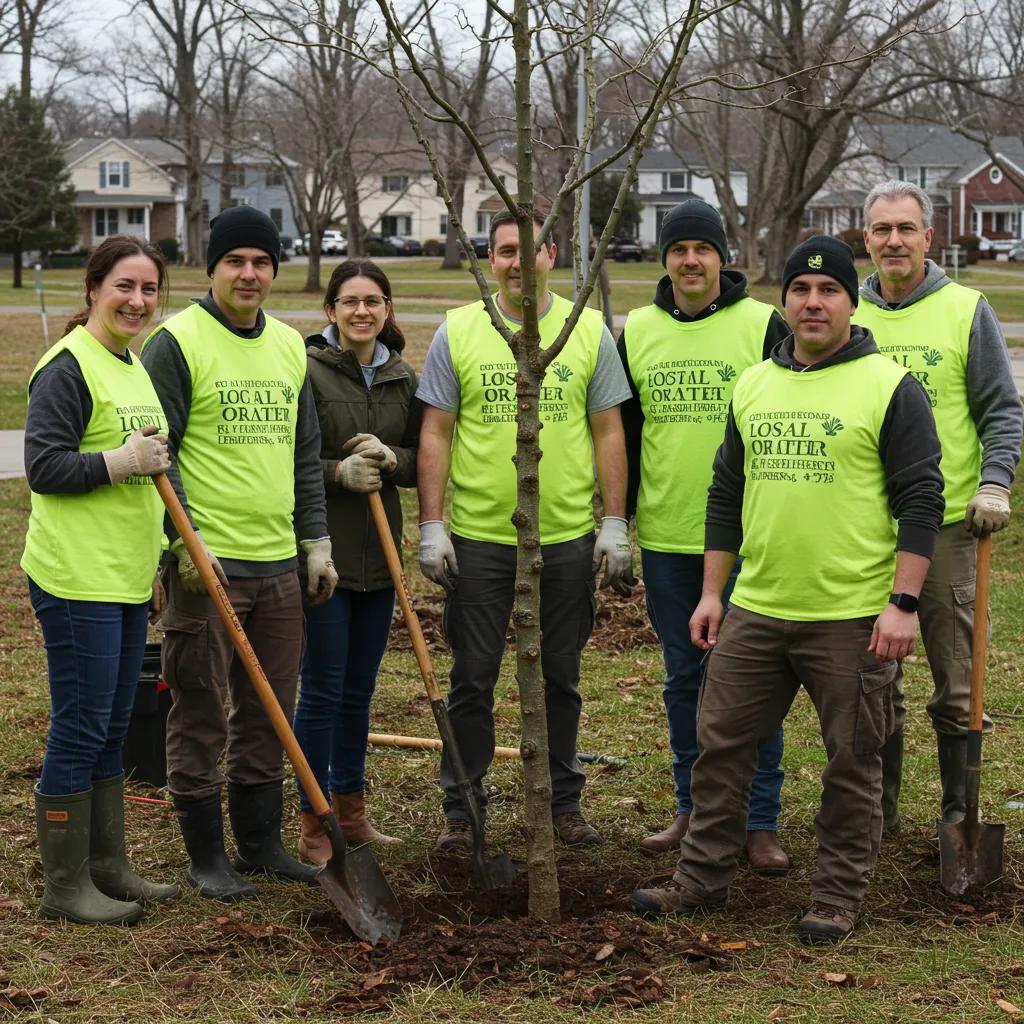 Volunteers in bright green vests planting a young tree in a community park, showcasing collaboration in local tree planting initiatives.