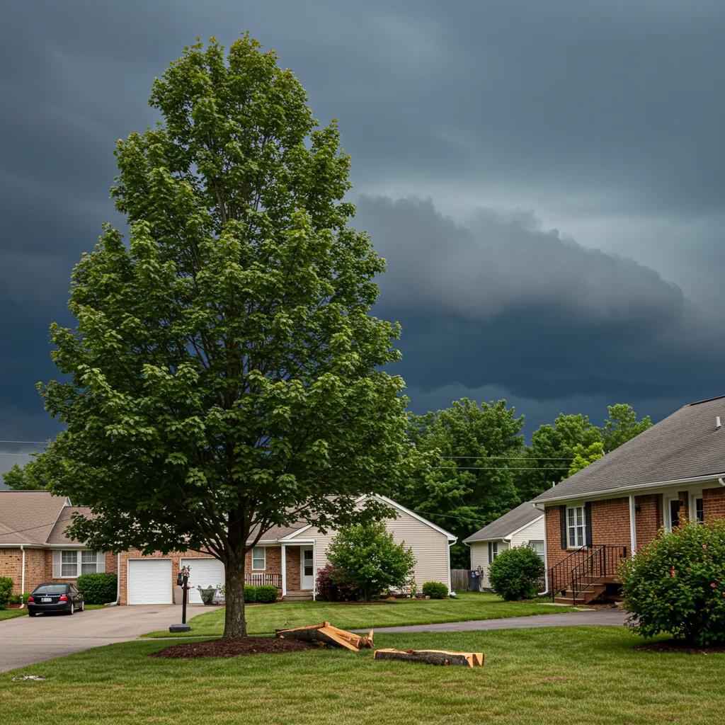 Well-maintained tree in front of suburban homes under dark storm clouds, emphasizing storm preparedness and tree safety practices.