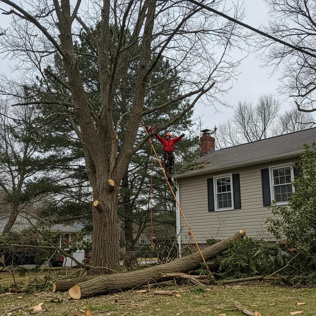 Arborist conducting clearance pruning near a house and power lines, ensuring safety and property protection