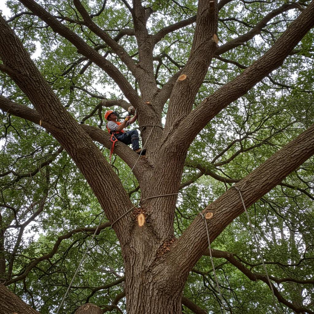 Arborist performing crown thinning on a live oak tree, illustrating tree health benefits
