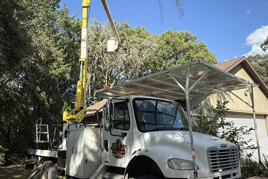 Tree removal truck with elevated crane, parked in residential area, surrounded by trees and home, showcasing professional tree care equipment for safe tree trimming and removal services in Orlando.